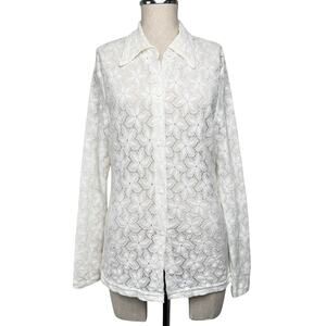 White Stretch Lace Button Front Blouse Top Y2K Romantic Size L Cool Wear USA